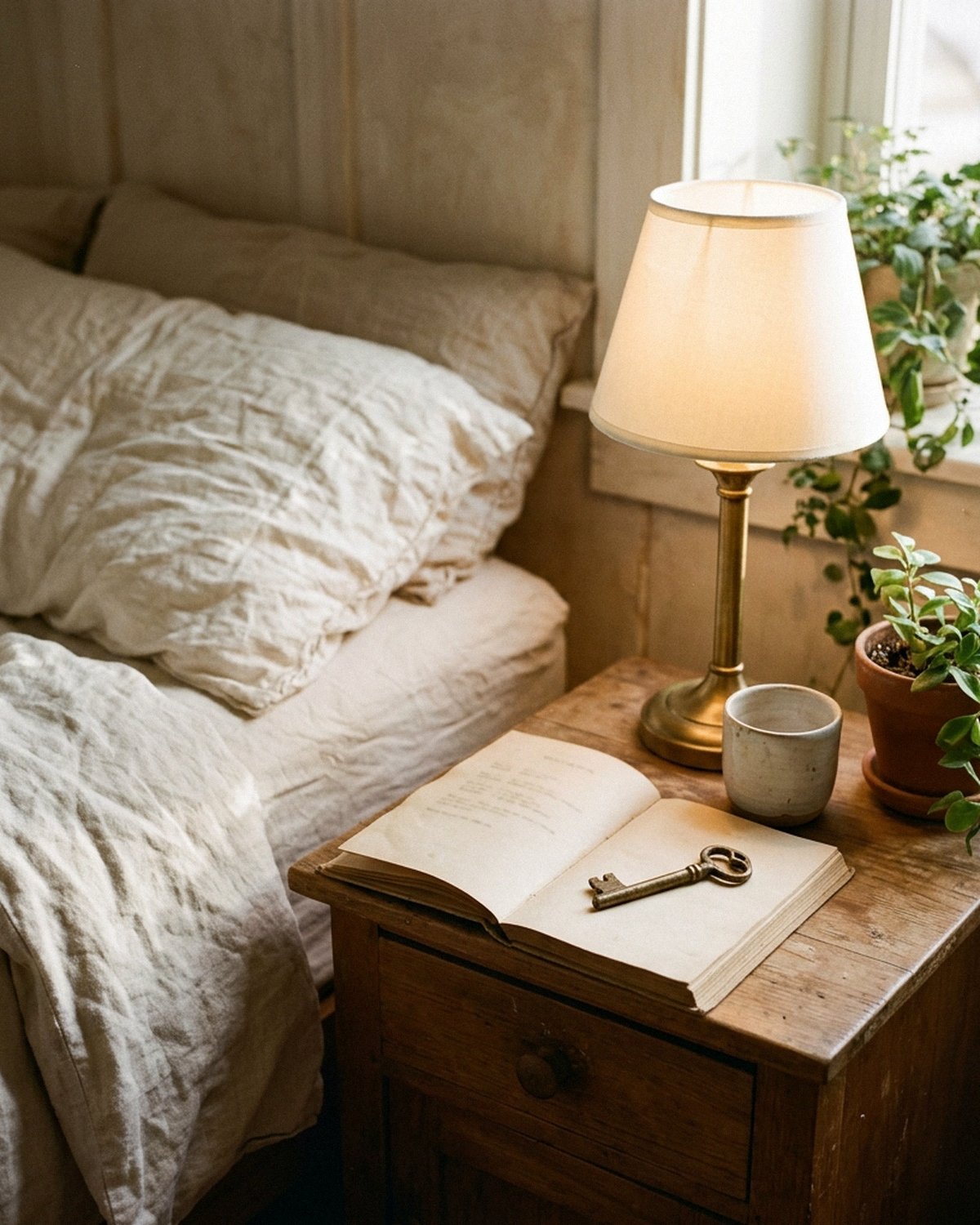 Welcome book open on a nightstand in a vacation rental