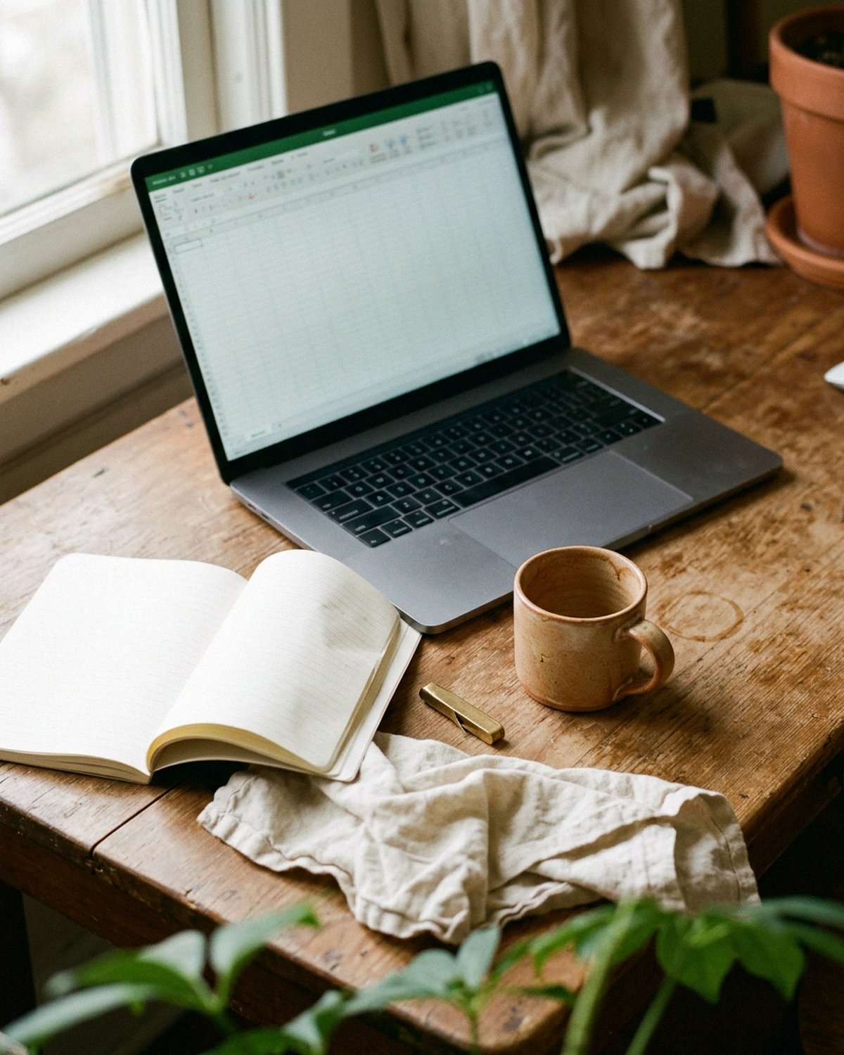 Laptop and notebook on a wooden desk, Airbnb host templates