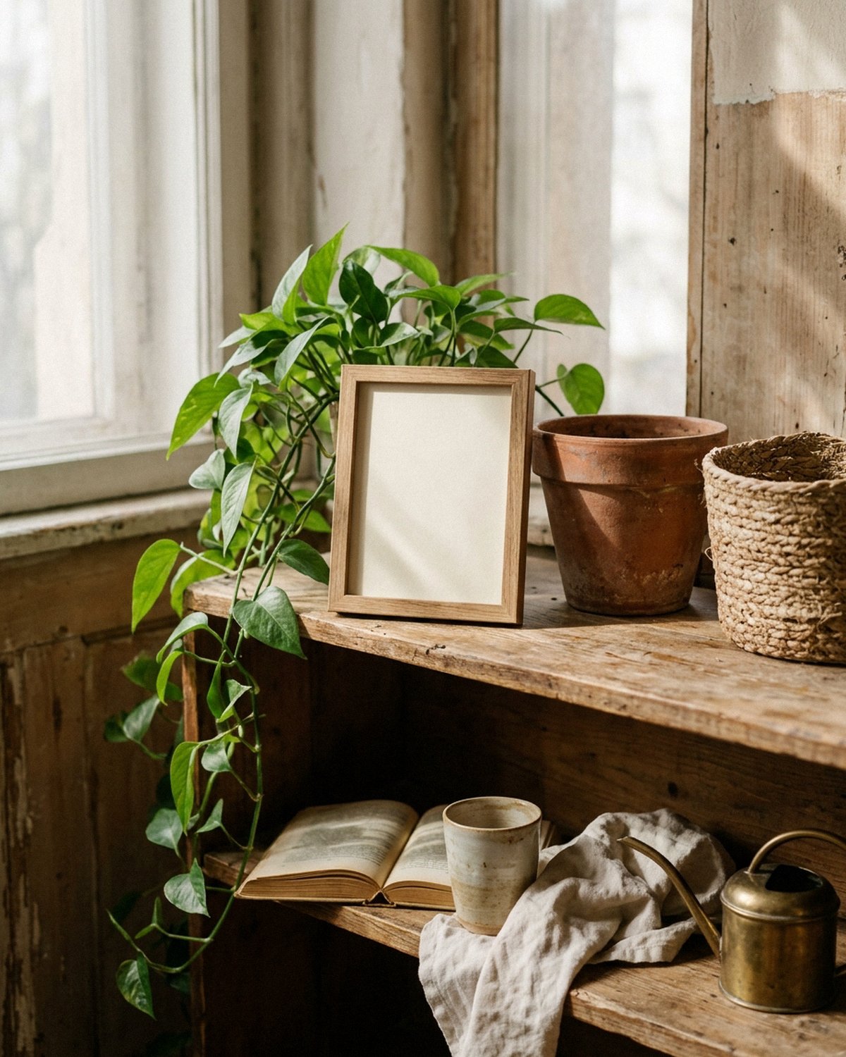 Framed Airbnb sign on a shelf with plants