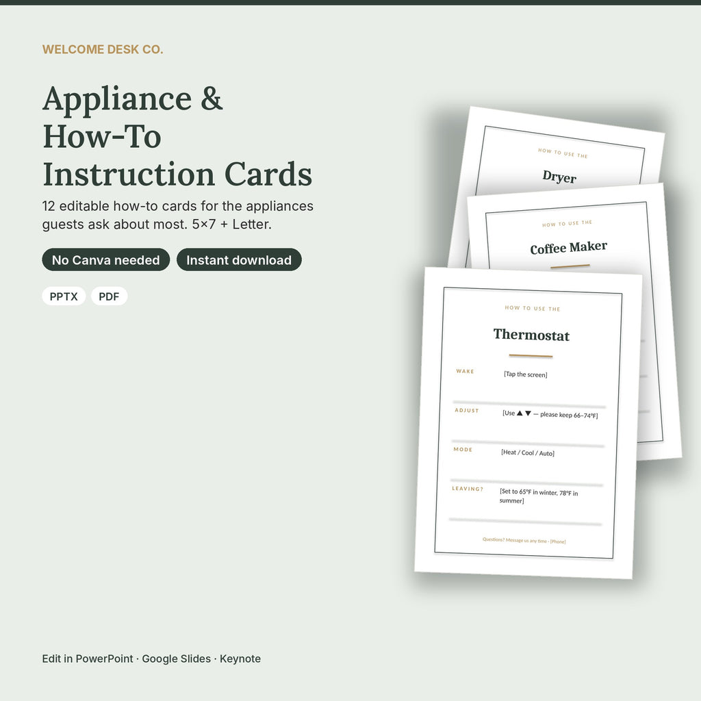 Airbnb Appliance Instruction Cards – 12 Editable How-To Signs, No Canva