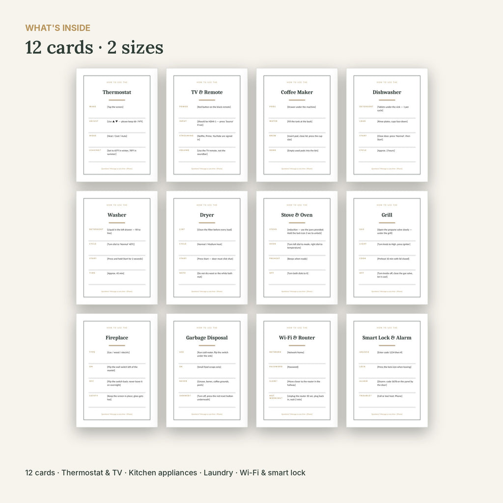 Airbnb Appliance Instruction Cards – 12 Editable How-To Signs, No Canva – what's inside