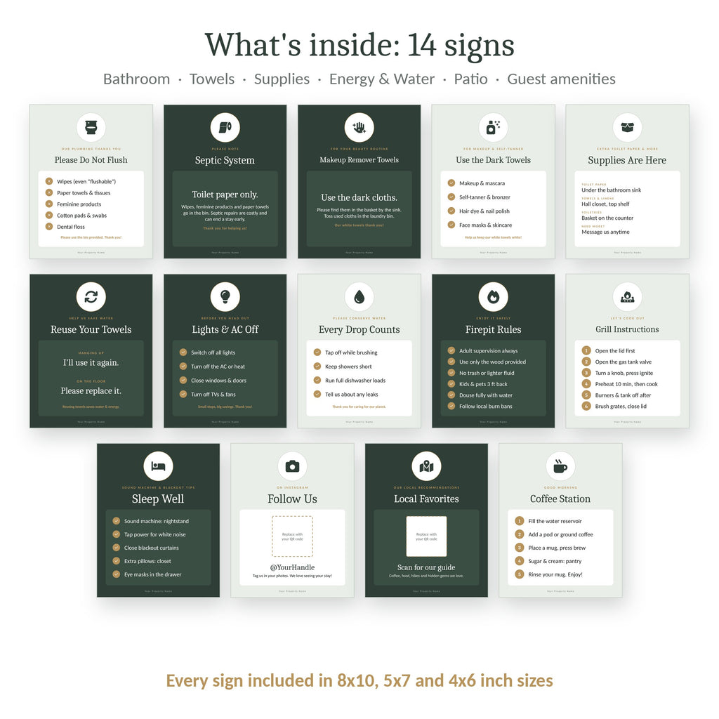 All 14 editable bathroom and eco signs for vacation rentals