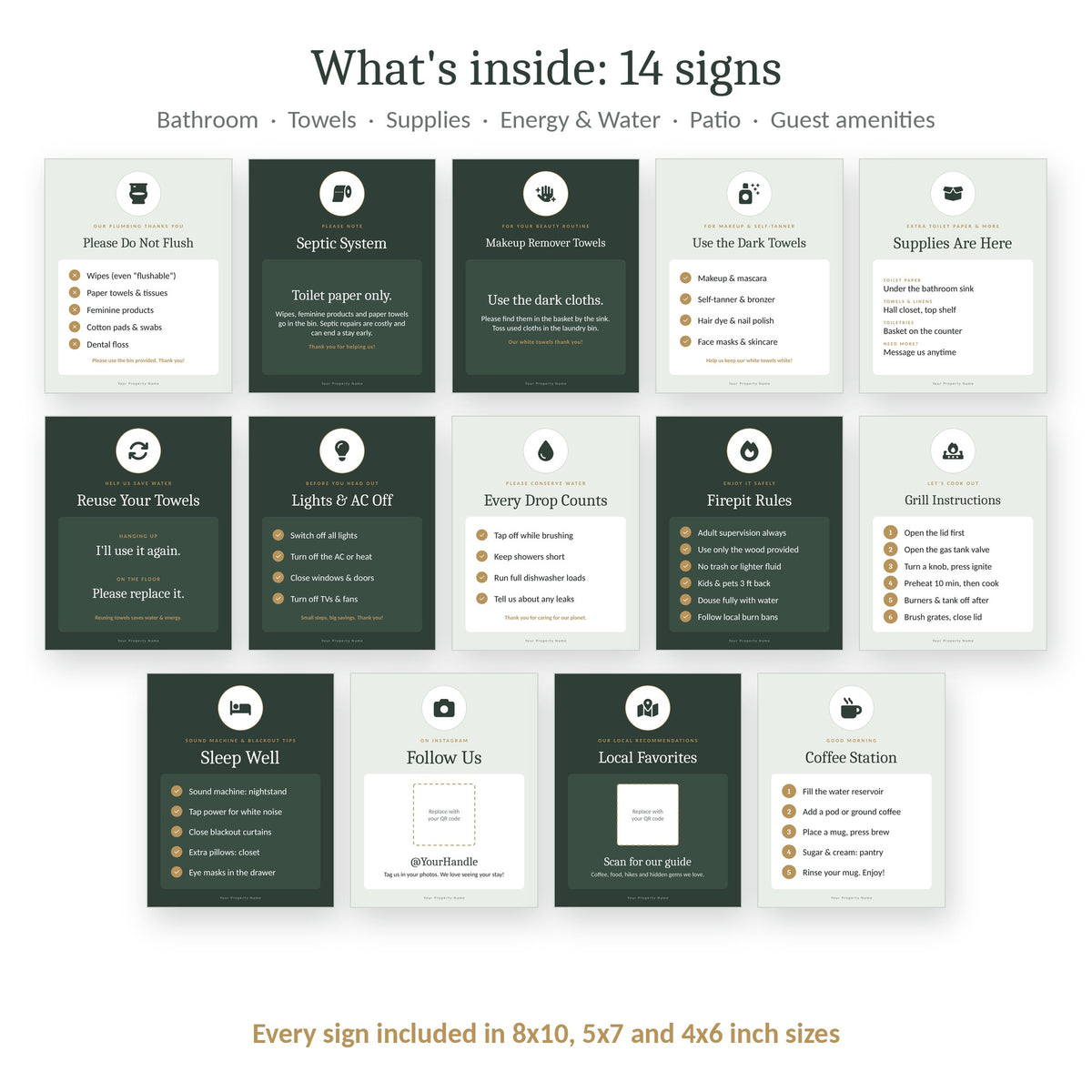 All 14 editable bathroom and eco signs for vacation rentals