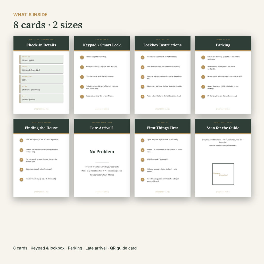 Airbnb Check-In Instructions Cards – 8 Editable, No Canva – what's inside