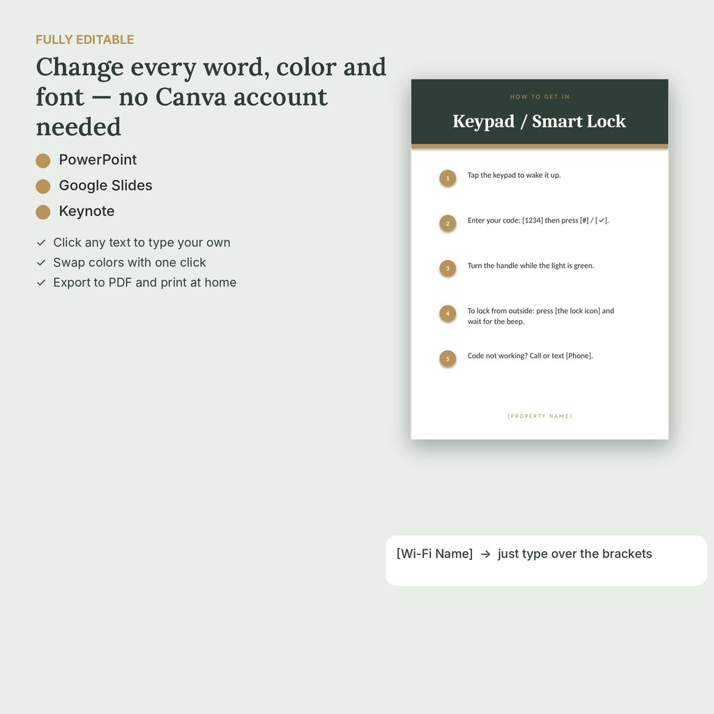 Airbnb Check-In Instructions Cards – 8 Editable, No Canva – fully editable, no Canva needed