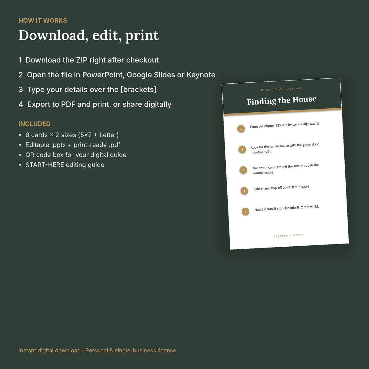 Airbnb Check-In Instructions Cards – 8 Editable, No Canva – how it works