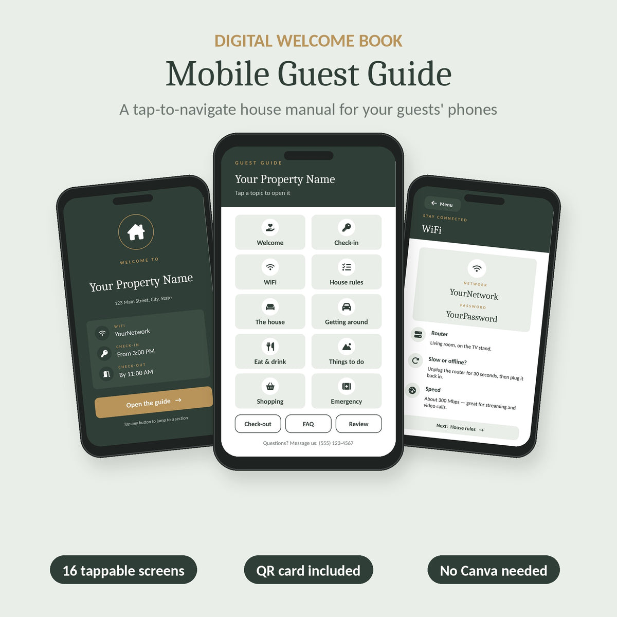Airbnb digital welcome book – mobile guest guide with tap menu