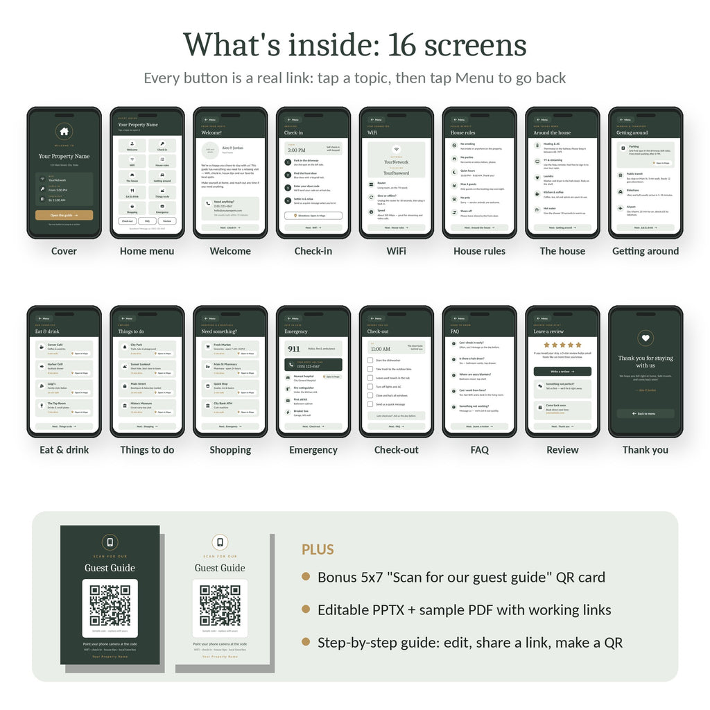 All 16 phone screens of the digital welcome book template