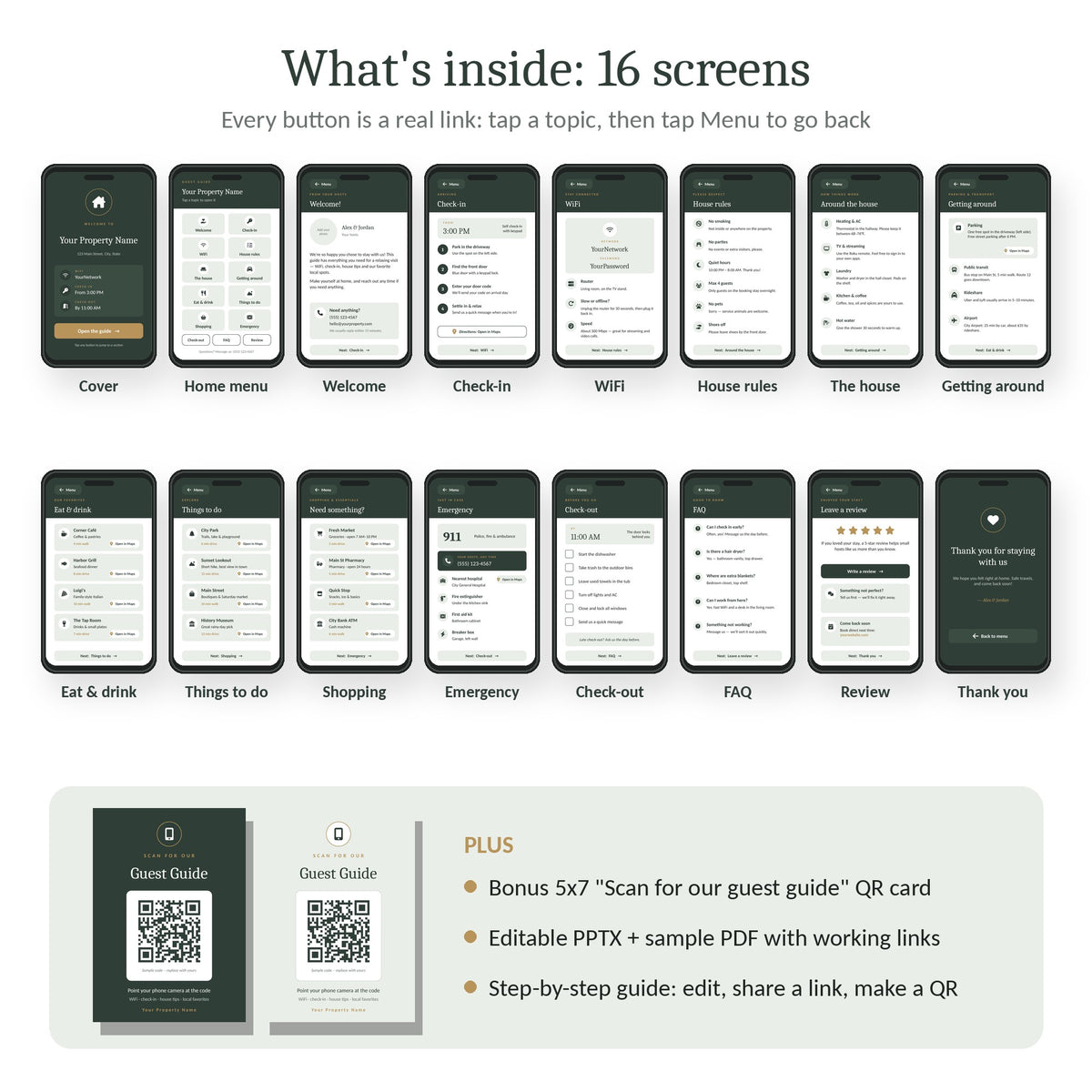 All 16 phone screens of the digital welcome book template