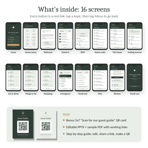 All 16 phone screens of the digital welcome book template