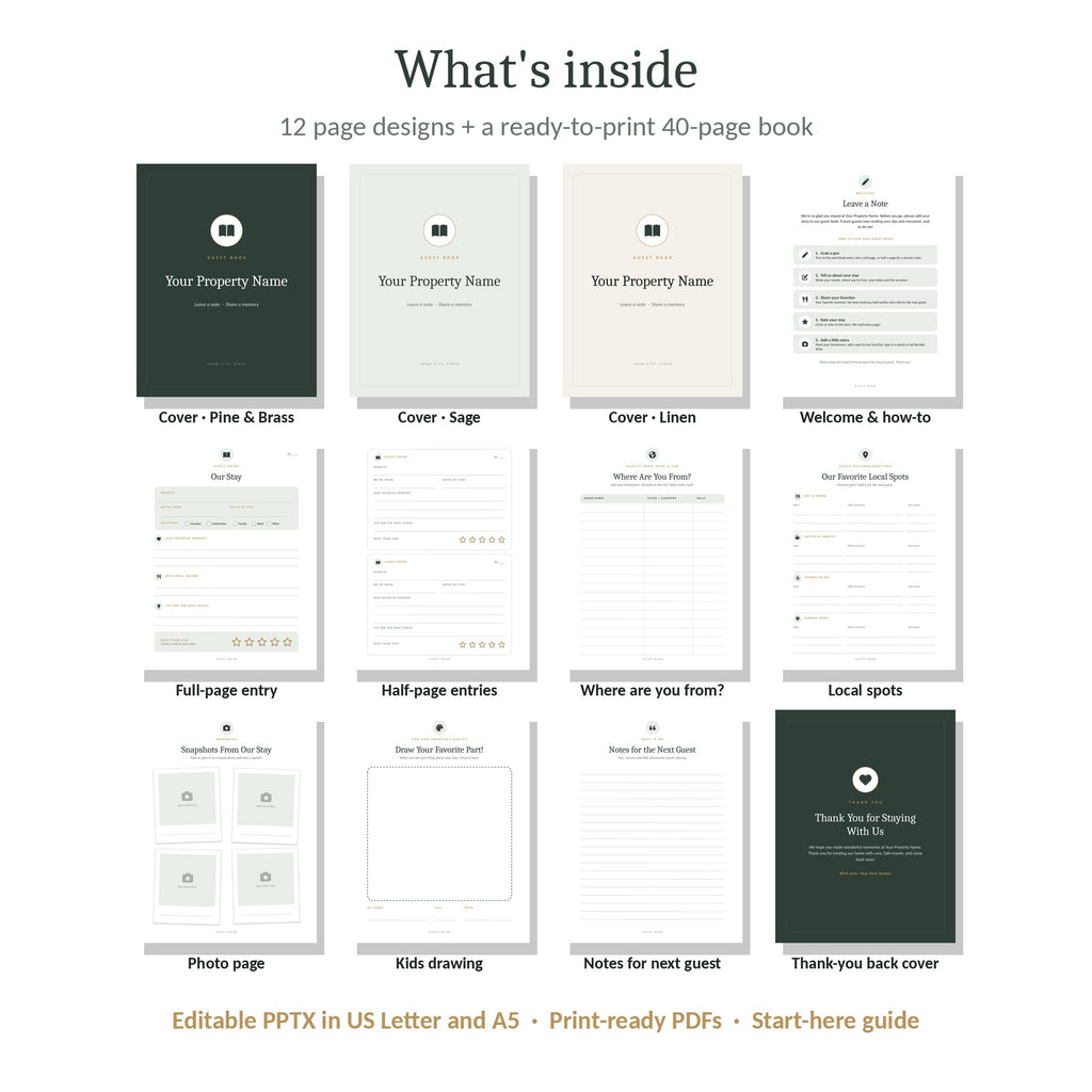 What's inside the printable Airbnb guest book: covers, entry pages, local spots