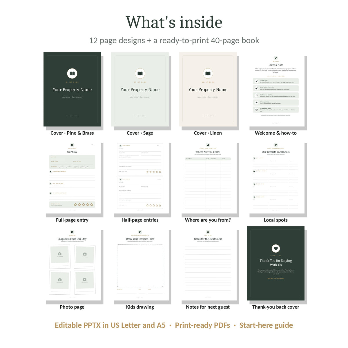 What's inside the printable Airbnb guest book: covers, entry pages, local spots
