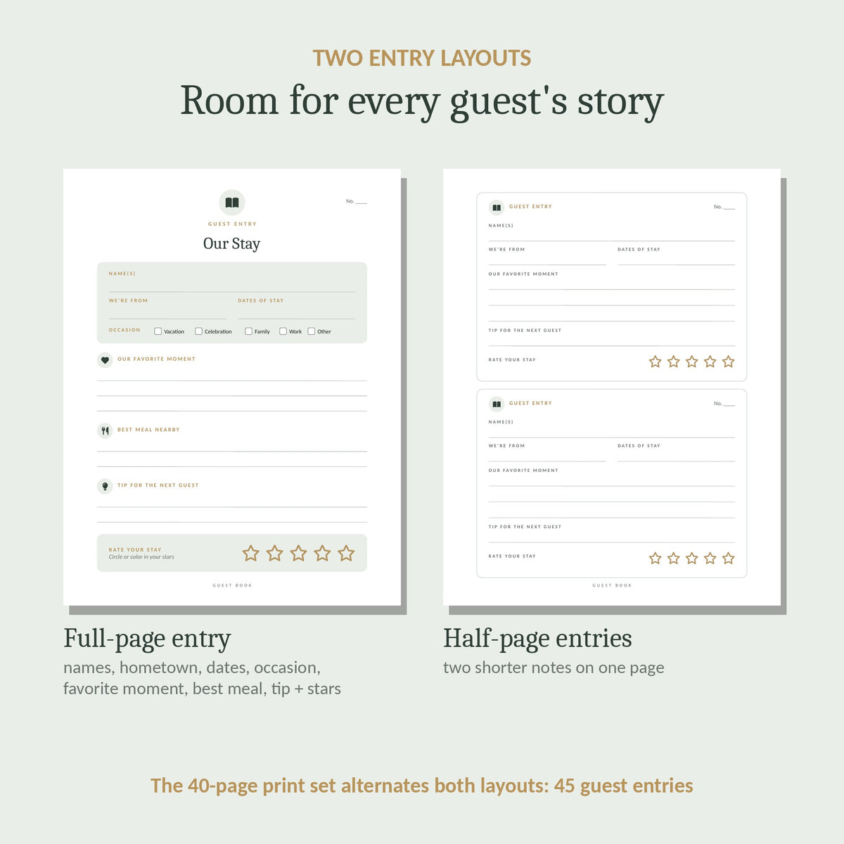 Full-page and half-page guest entry layouts for a rental guest book