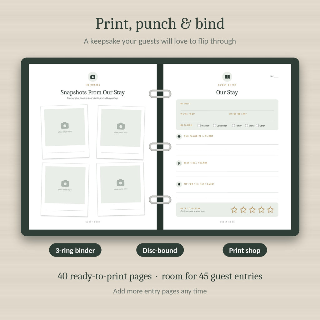 Vacation rental guest book printed and bound in a binder