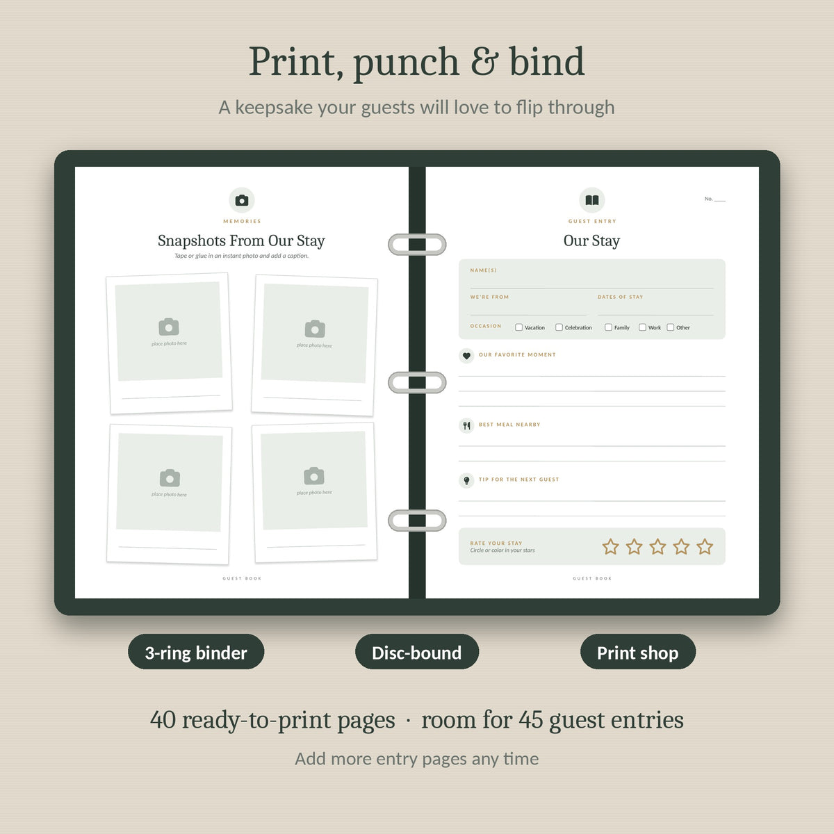 Vacation rental guest book printed and bound in a binder