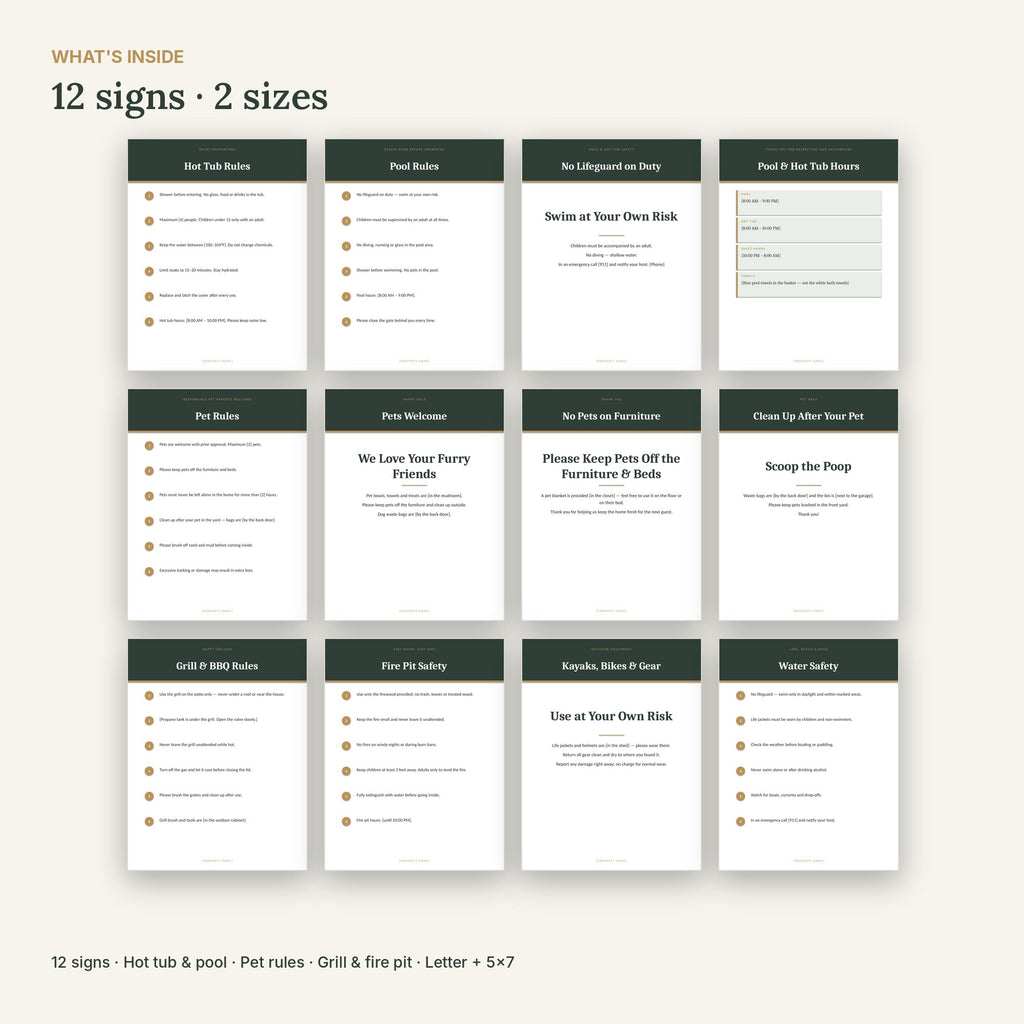 Airbnb Hot Tub, Pool & Pet Rules Signs – 12 Editable, No Canva – what's inside
