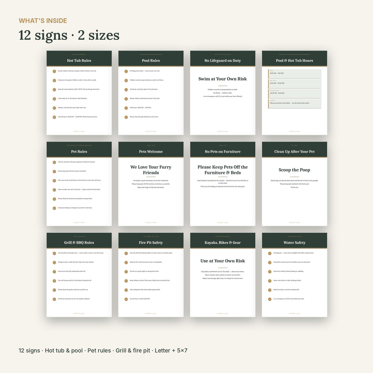 Airbnb Hot Tub, Pool & Pet Rules Signs – 12 Editable, No Canva – what's inside