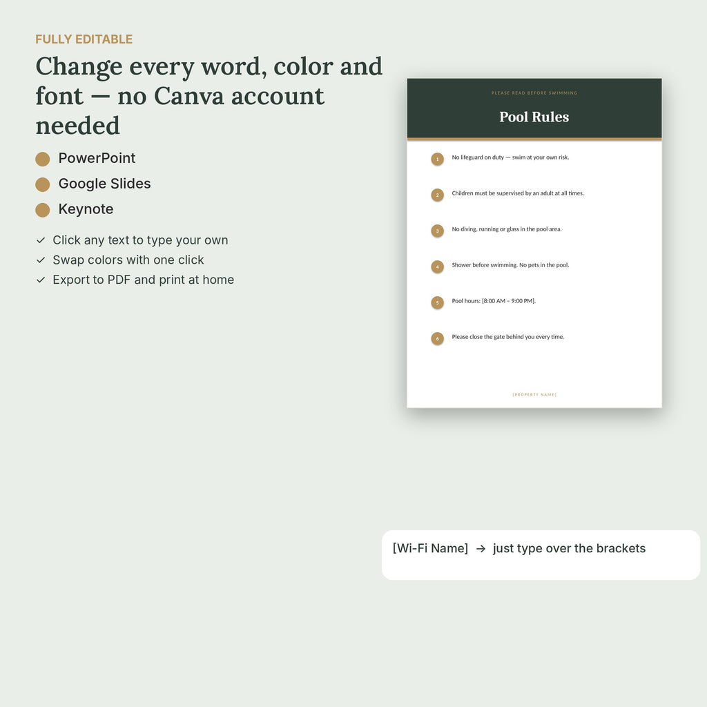 Airbnb Hot Tub, Pool & Pet Rules Signs – 12 Editable, No Canva – fully editable, no Canva needed