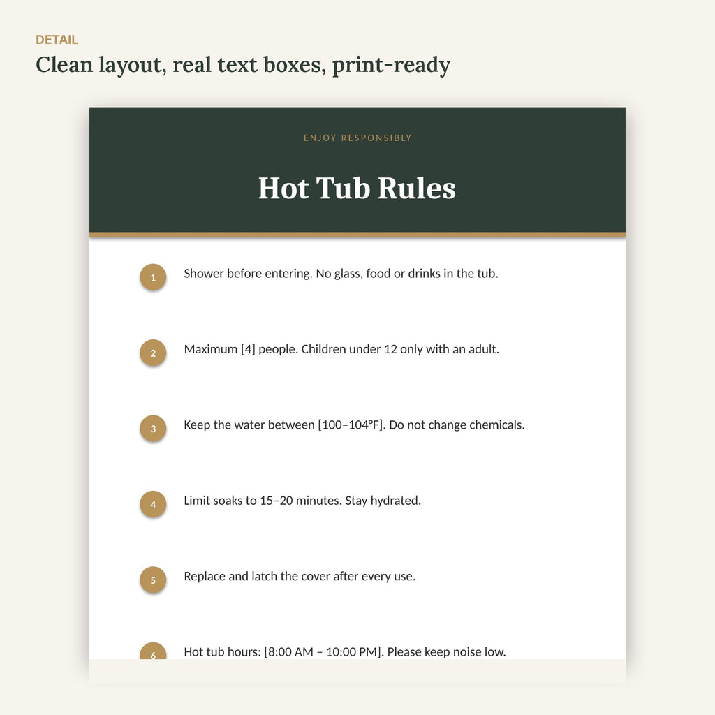 Airbnb Hot Tub, Pool & Pet Rules Signs – 12 Editable, No Canva – page detail