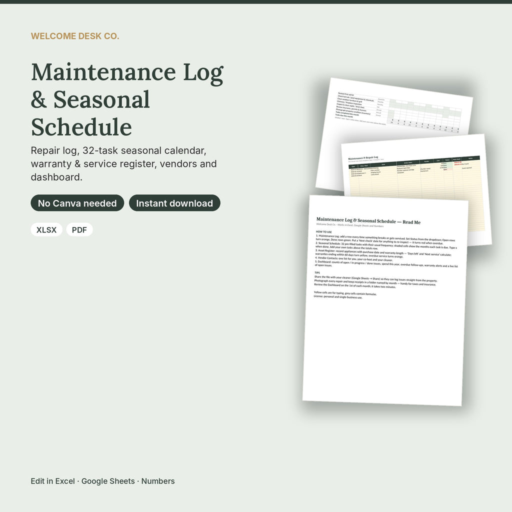 Airbnb Maintenance Log & Seasonal Schedule – Excel & Google Sheets