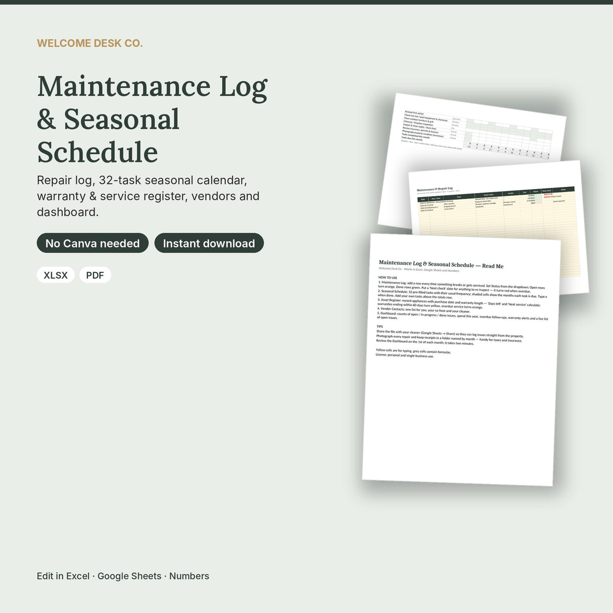 Airbnb Maintenance Log & Seasonal Schedule – Excel & Google Sheets
