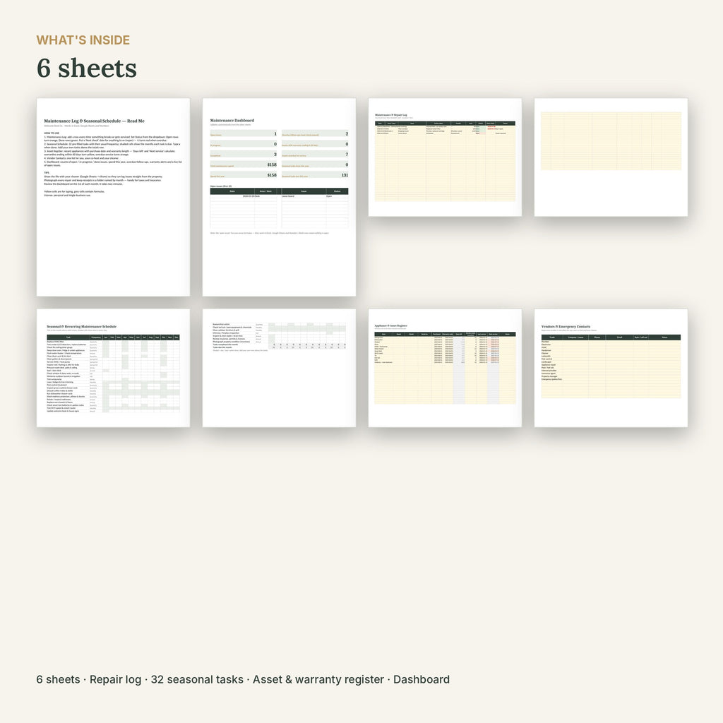 Airbnb Maintenance Log & Seasonal Schedule – Excel & Google Sheets – what's inside