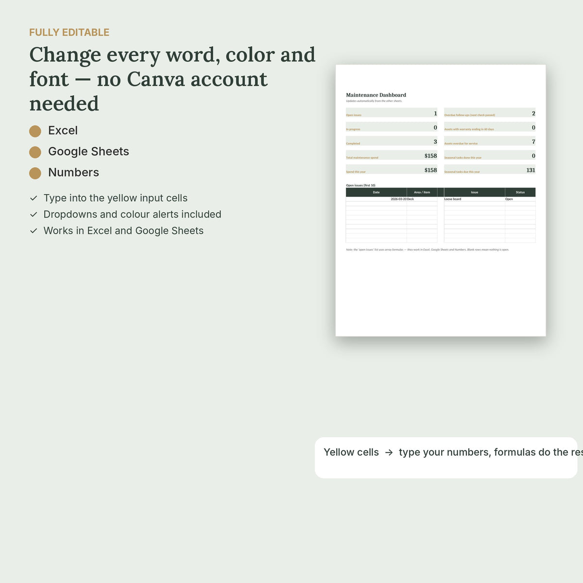 Airbnb Maintenance Log & Seasonal Schedule – Excel & Google Sheets – fully editable