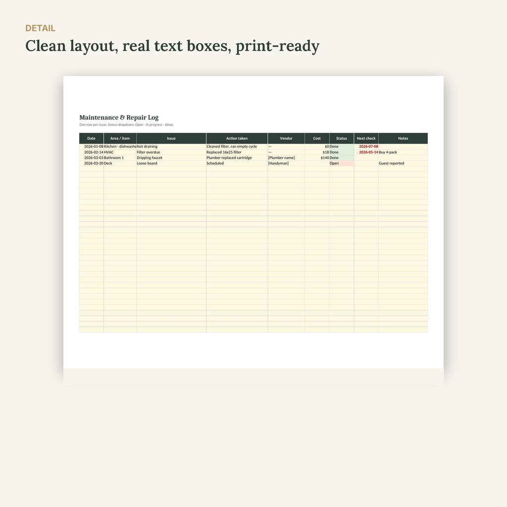 Airbnb Maintenance Log & Seasonal Schedule – Excel & Google Sheets – page detail