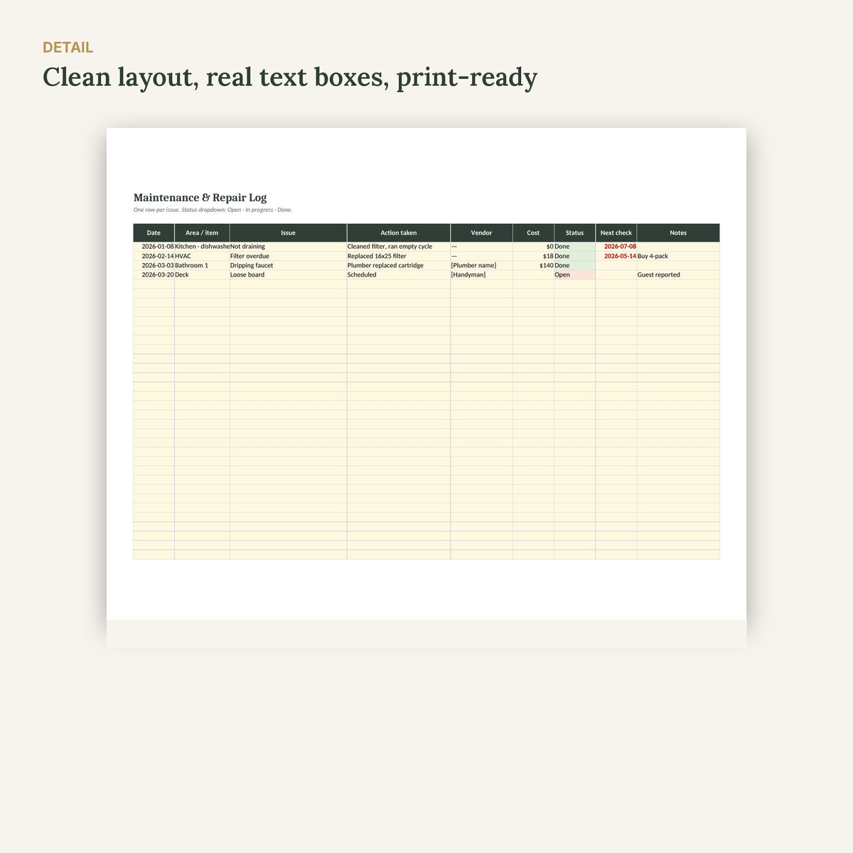 Airbnb Maintenance Log & Seasonal Schedule – Excel & Google Sheets – page detail