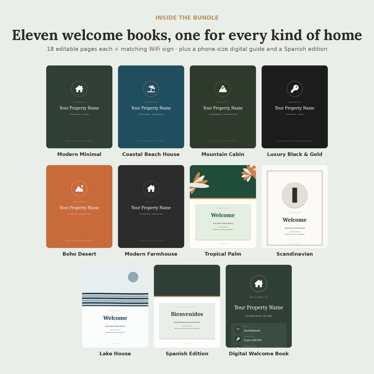 Eleven welcome book styles included in the bundle
