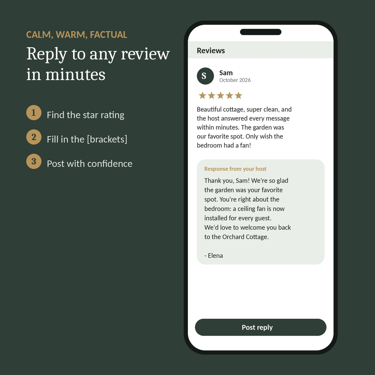 Example guest review and host reply