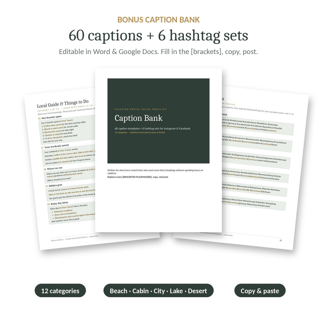 Caption bank with 60 captions and hashtag sets for rental hosts