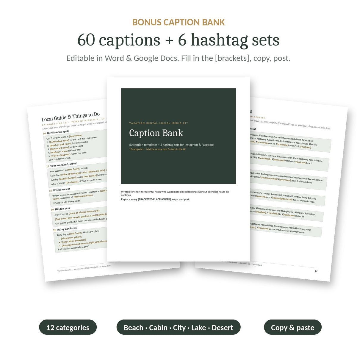 Caption bank with 60 captions and hashtag sets for rental hosts