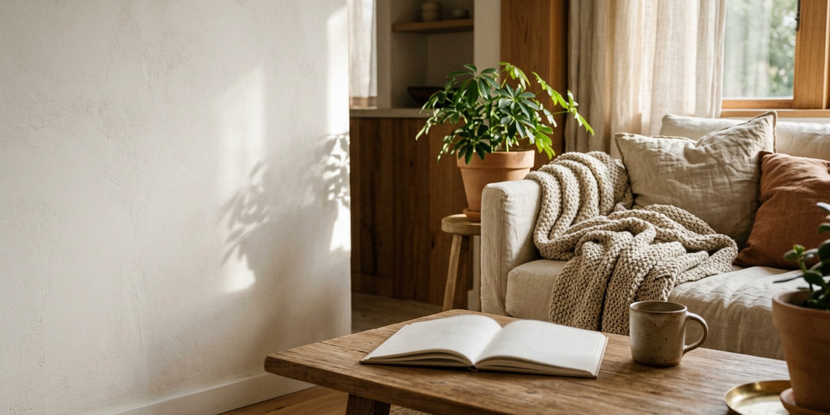 Vacation rental living room with a welcome book on the coffee table
