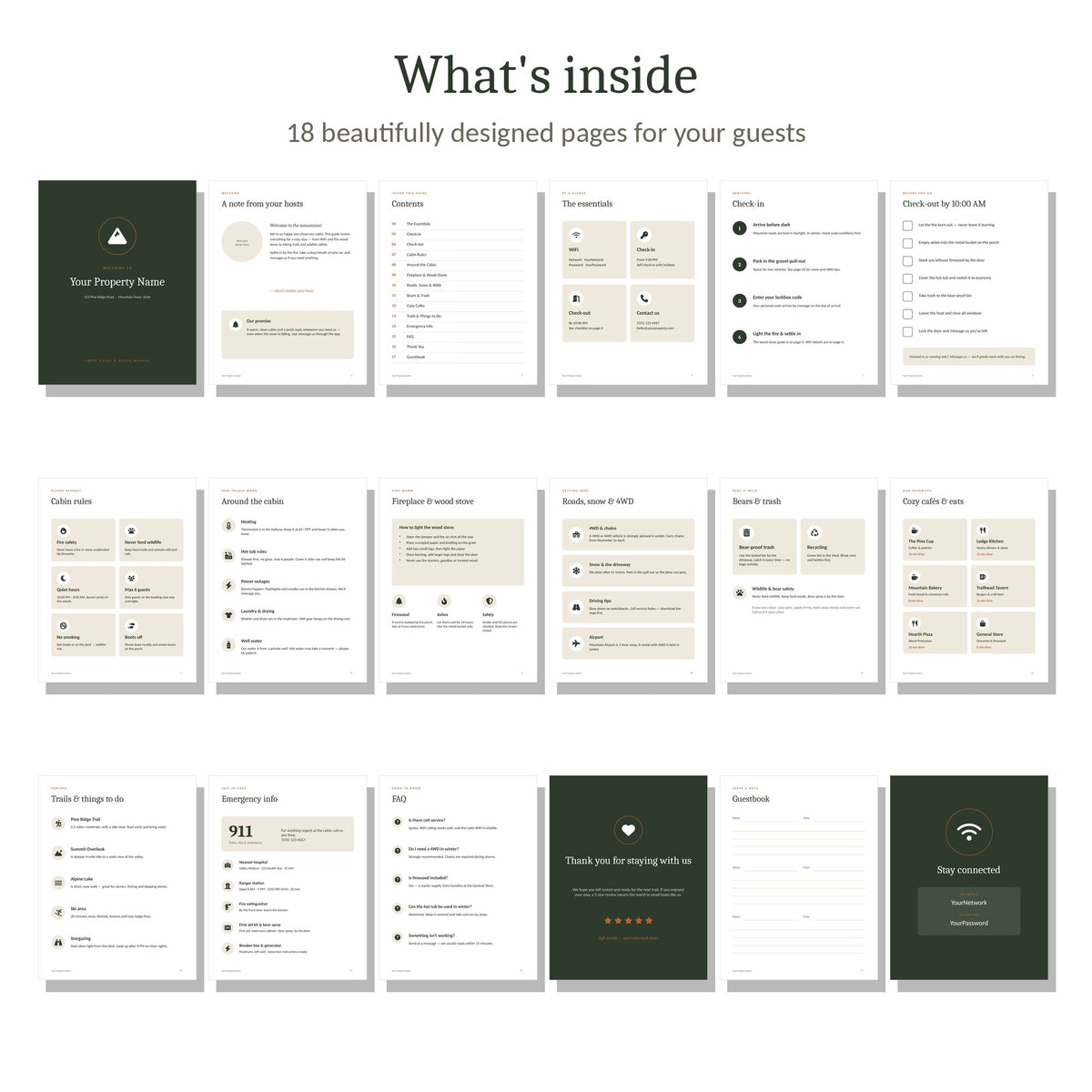 What's inside the cabin welcome book