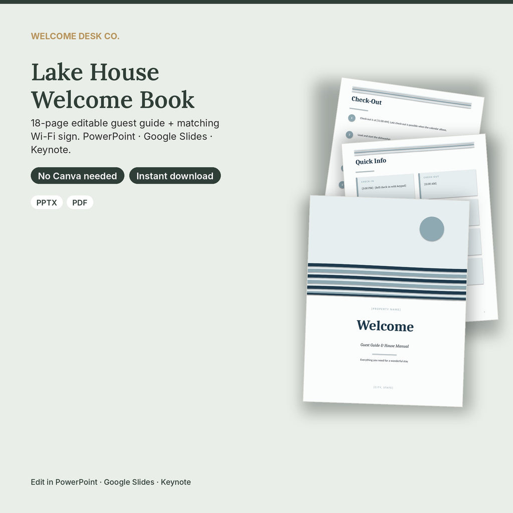 Lake House Airbnb Welcome Book Template – 18 Pages, No Canva