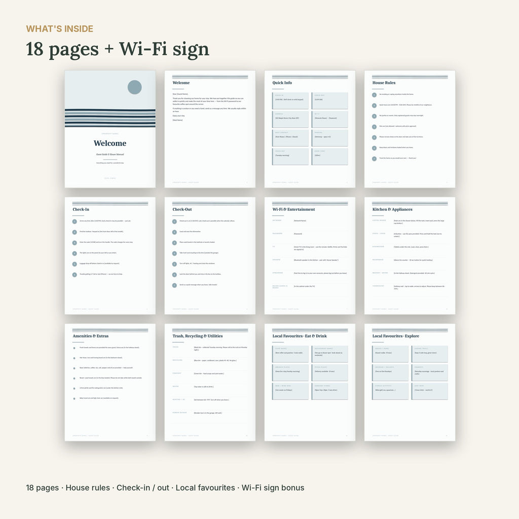 Lake House Airbnb Welcome Book Template – 18 Pages, No Canva – what's inside