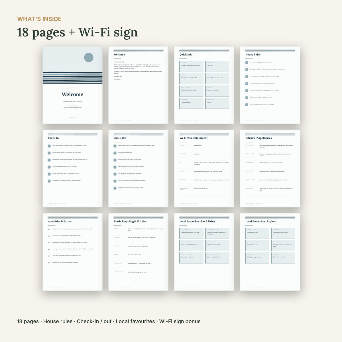 Lake House Airbnb Welcome Book Template – 18 Pages, No Canva – what's inside