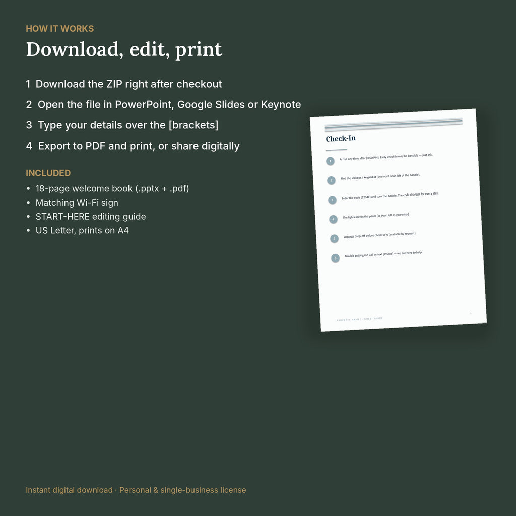 Lake House Airbnb Welcome Book Template – 18 Pages, No Canva – how it works