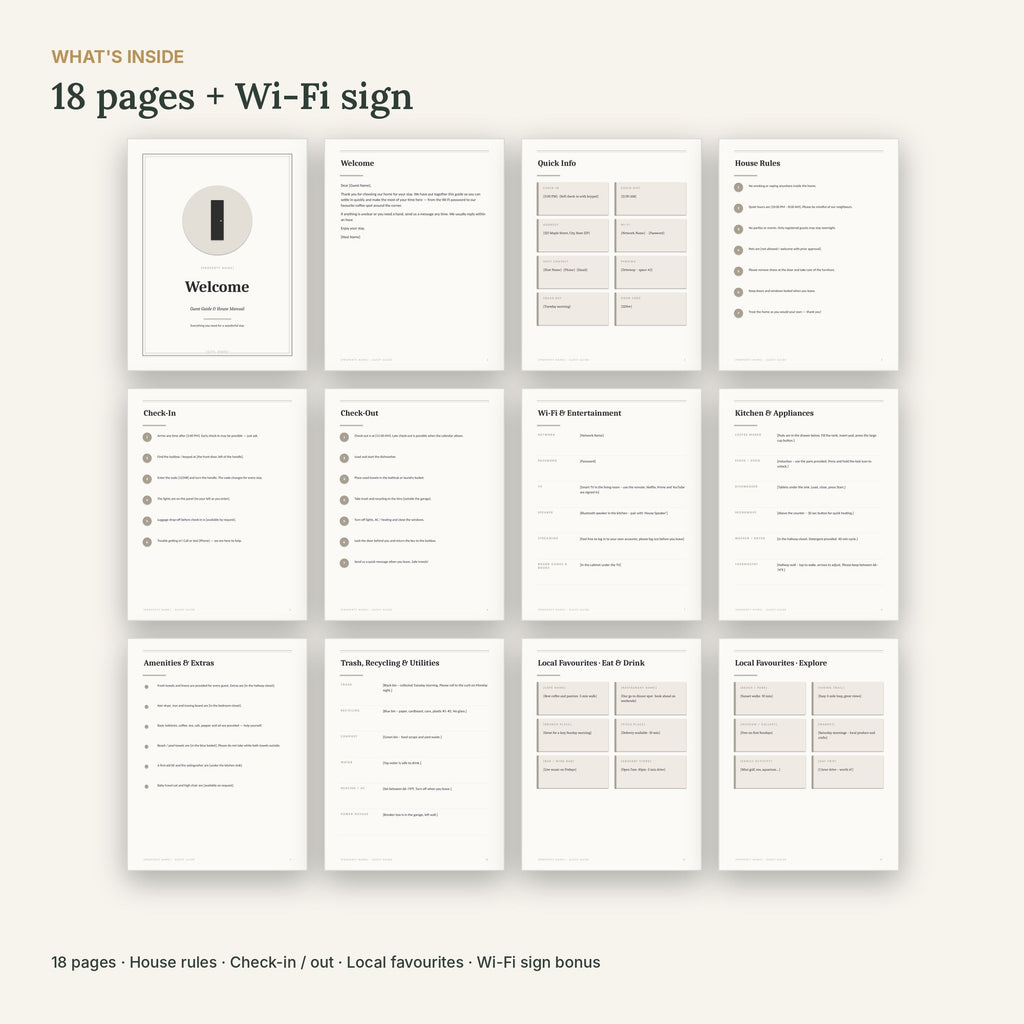 Scandinavian Airbnb Welcome Book Template – Minimalist, No Canva – what's inside