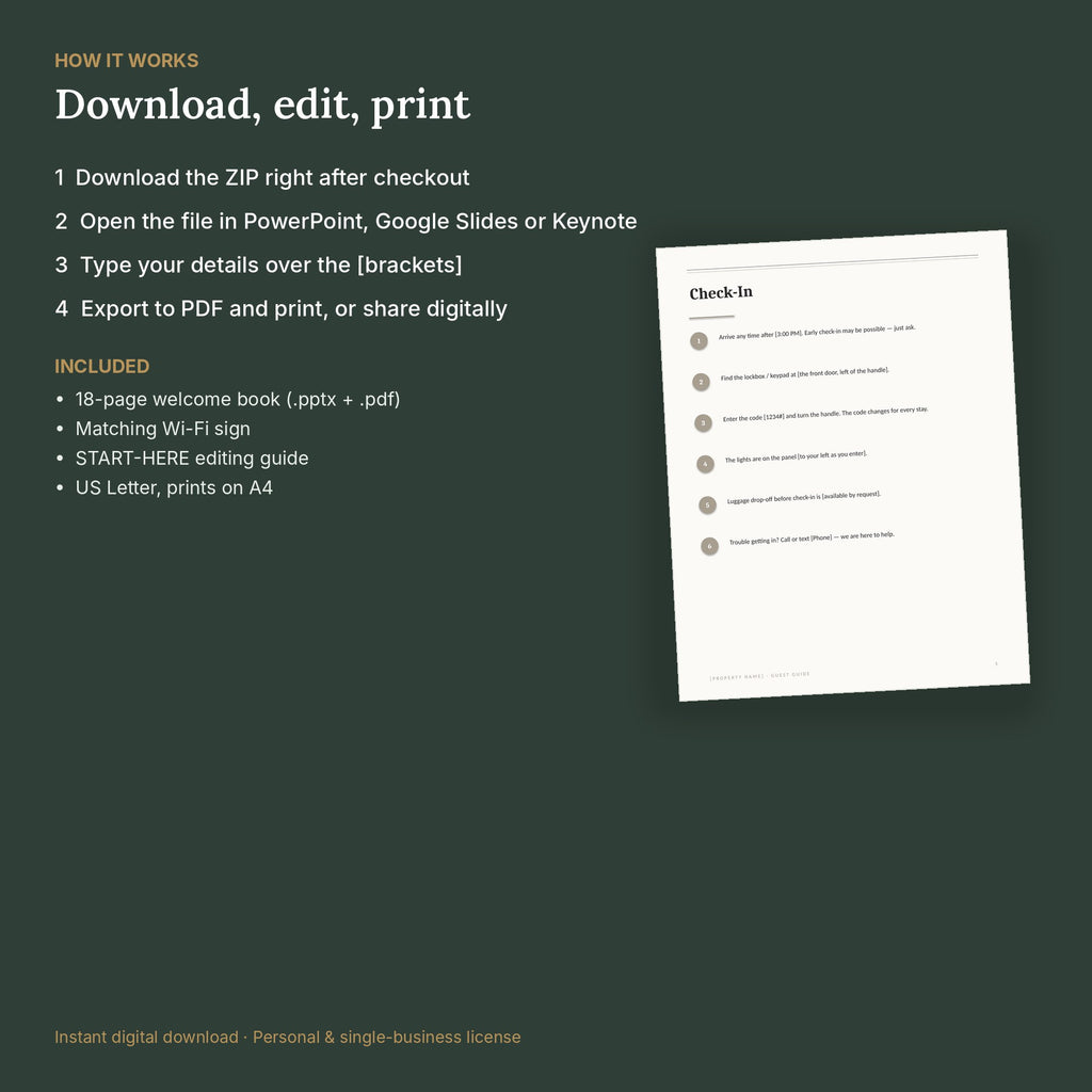 Scandinavian Airbnb Welcome Book Template – Minimalist, No Canva – how it works