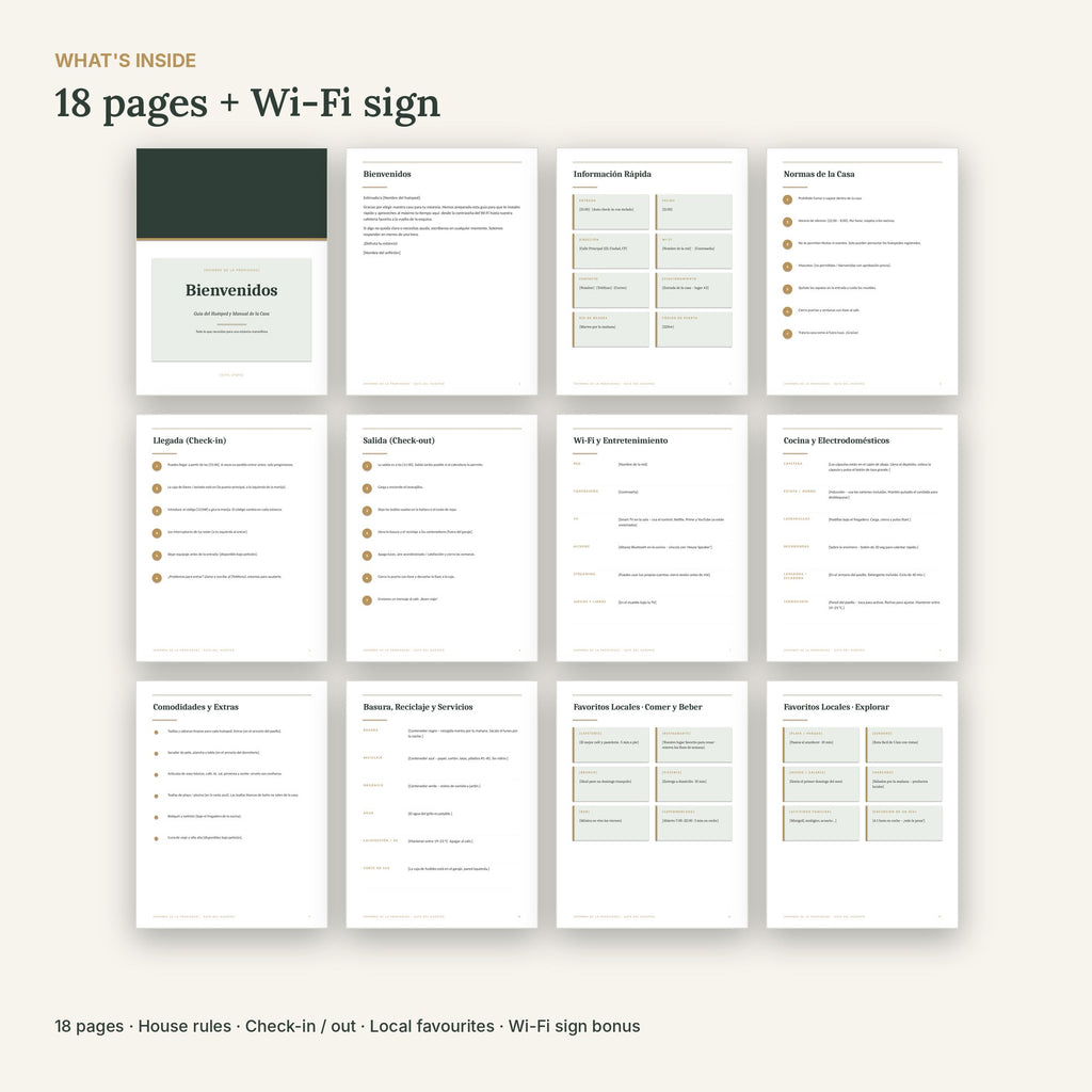 Spanish Airbnb Welcome Book – Libro de Bienvenida Template, No Canva – what's inside