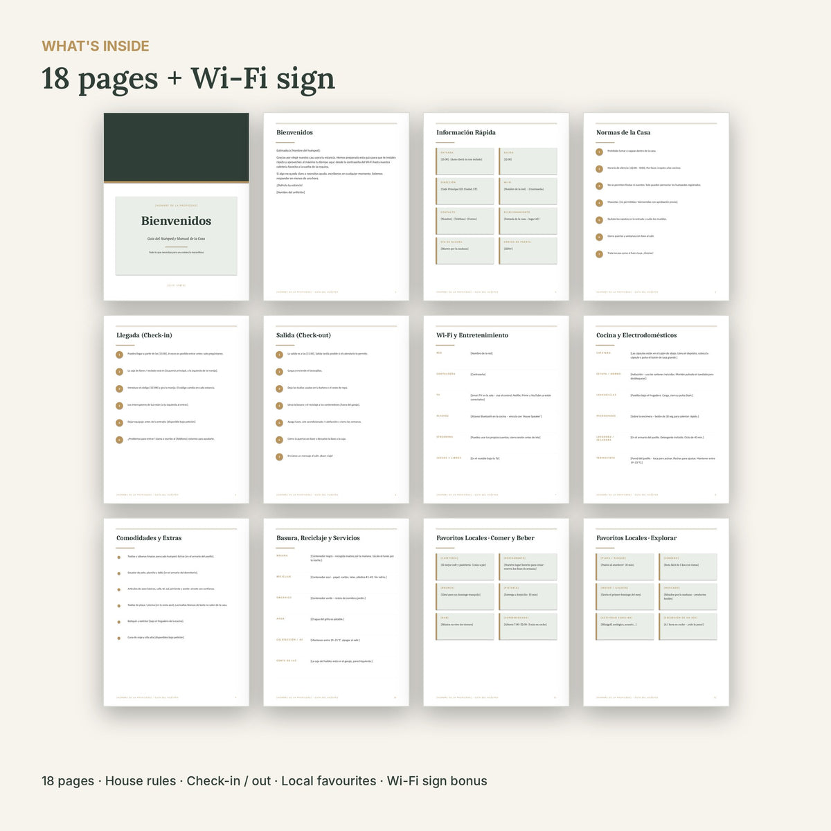 Spanish Airbnb Welcome Book – Libro de Bienvenida Template, No Canva – what's inside
