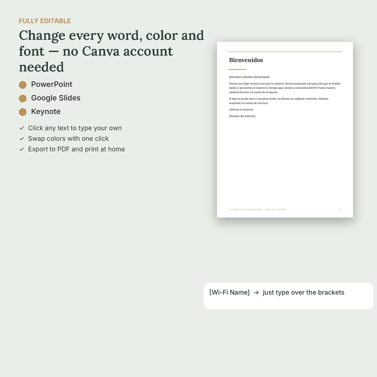 Spanish Airbnb Welcome Book – Libro de Bienvenida Template, No Canva – fully editable, no Canva needed