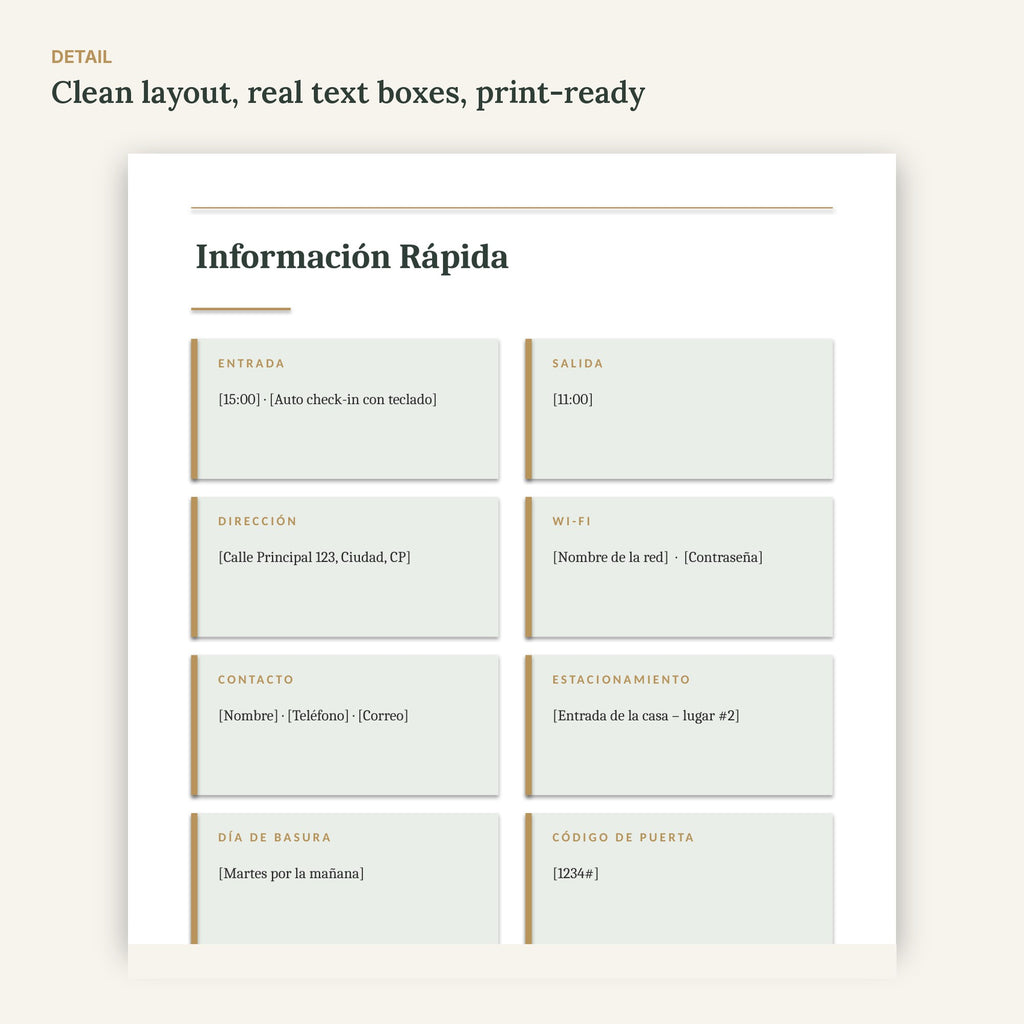 Spanish Airbnb Welcome Book – Libro de Bienvenida Template, No Canva – page detail