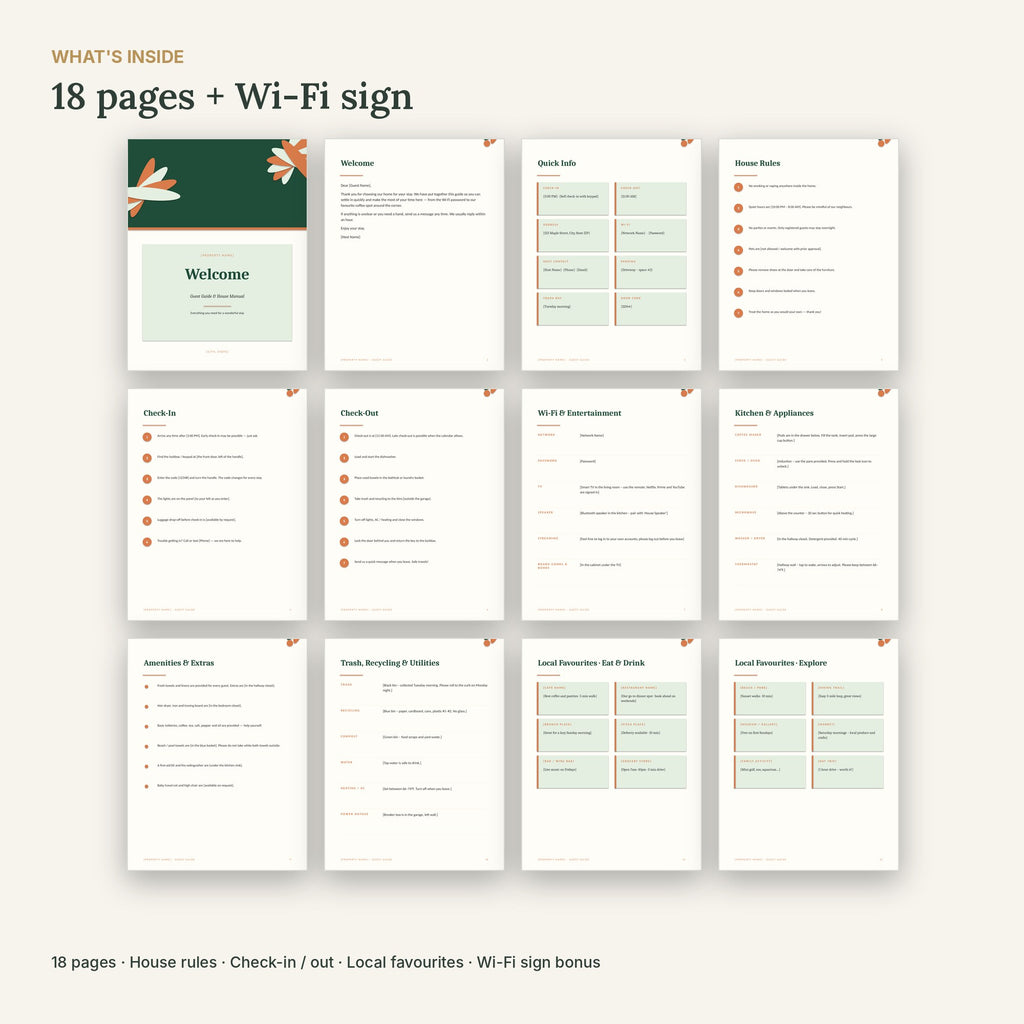 Tropical Airbnb Welcome Book Template – 18 Pages, No Canva – what's inside