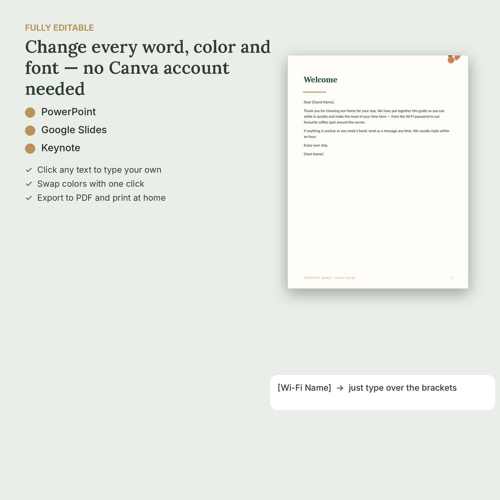 Tropical Airbnb Welcome Book Template – 18 Pages, No Canva – fully editable, no Canva needed