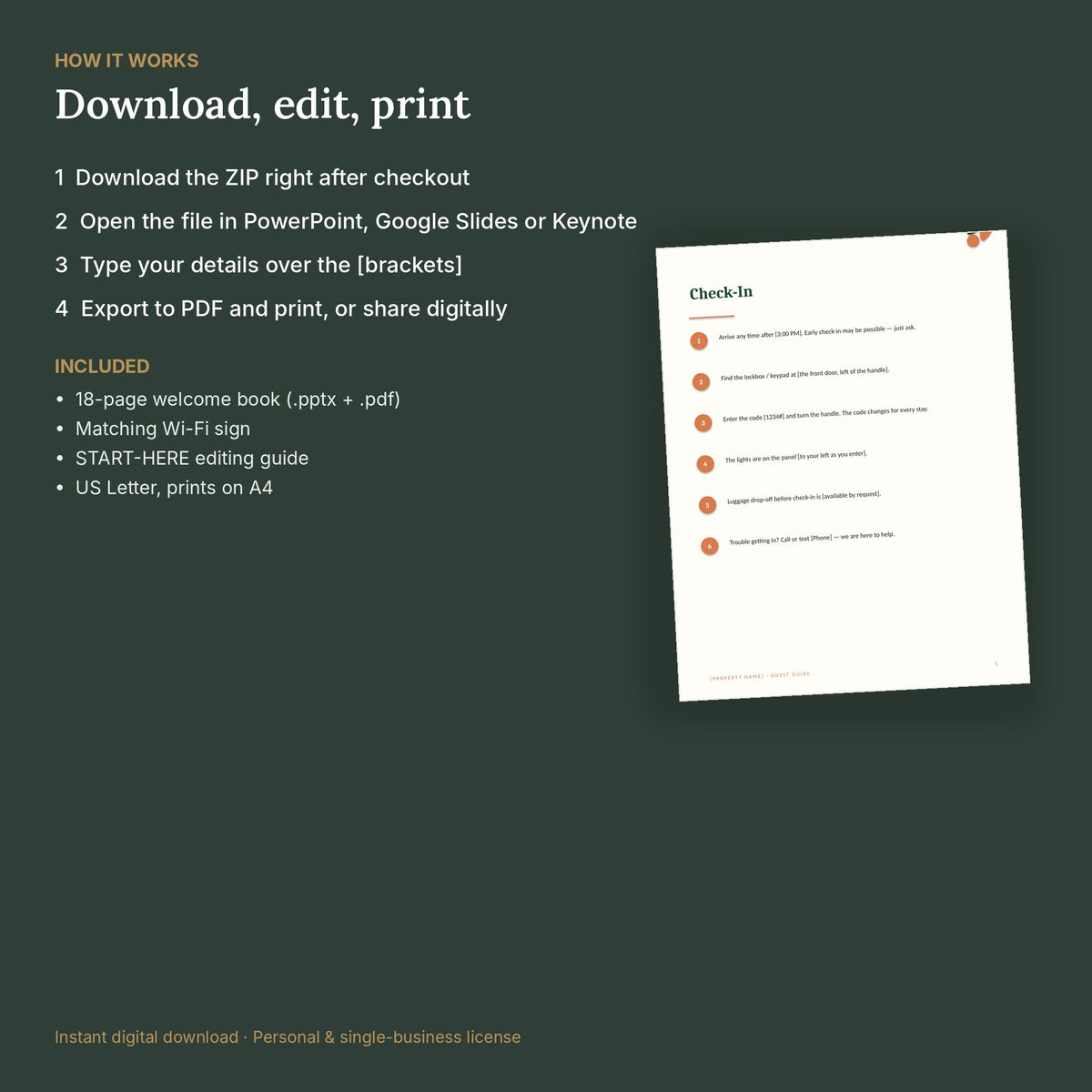 Tropical Airbnb Welcome Book Template – 18 Pages, No Canva – how it works