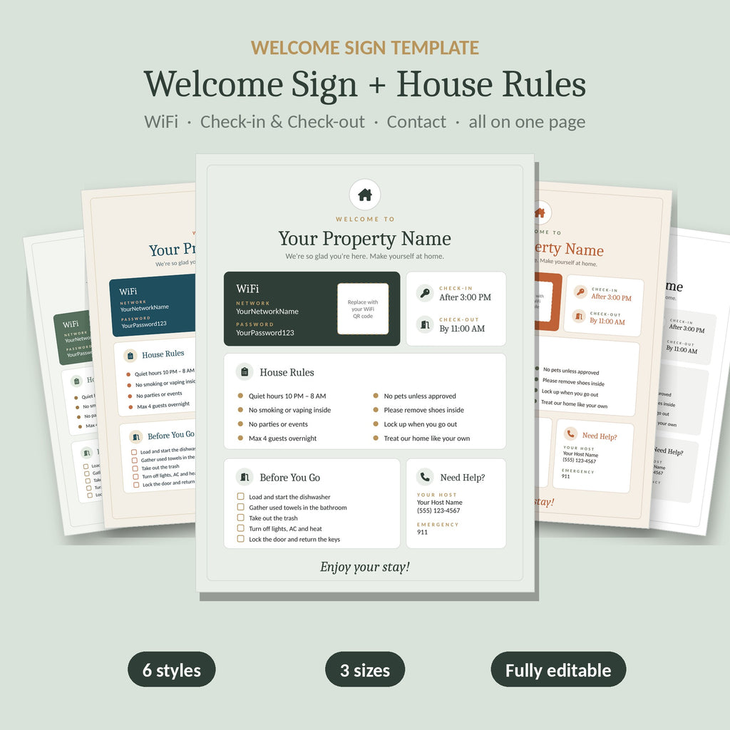 Airbnb welcome sign with house rules, WiFi and check-out on one page