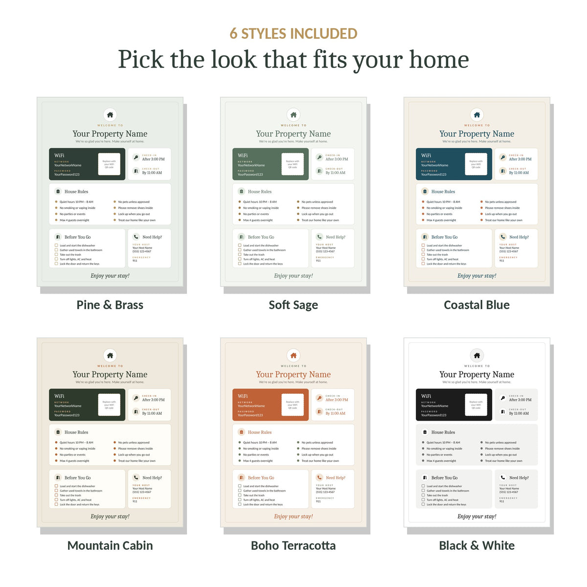 Six styles of the editable Airbnb welcome sign template
